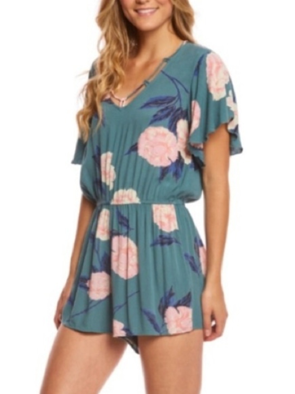 Billabong Teal Floral Romper with Pink Accents